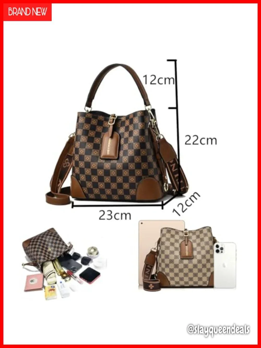 PU leather plaid bucket satchel crossbody hobo handbag